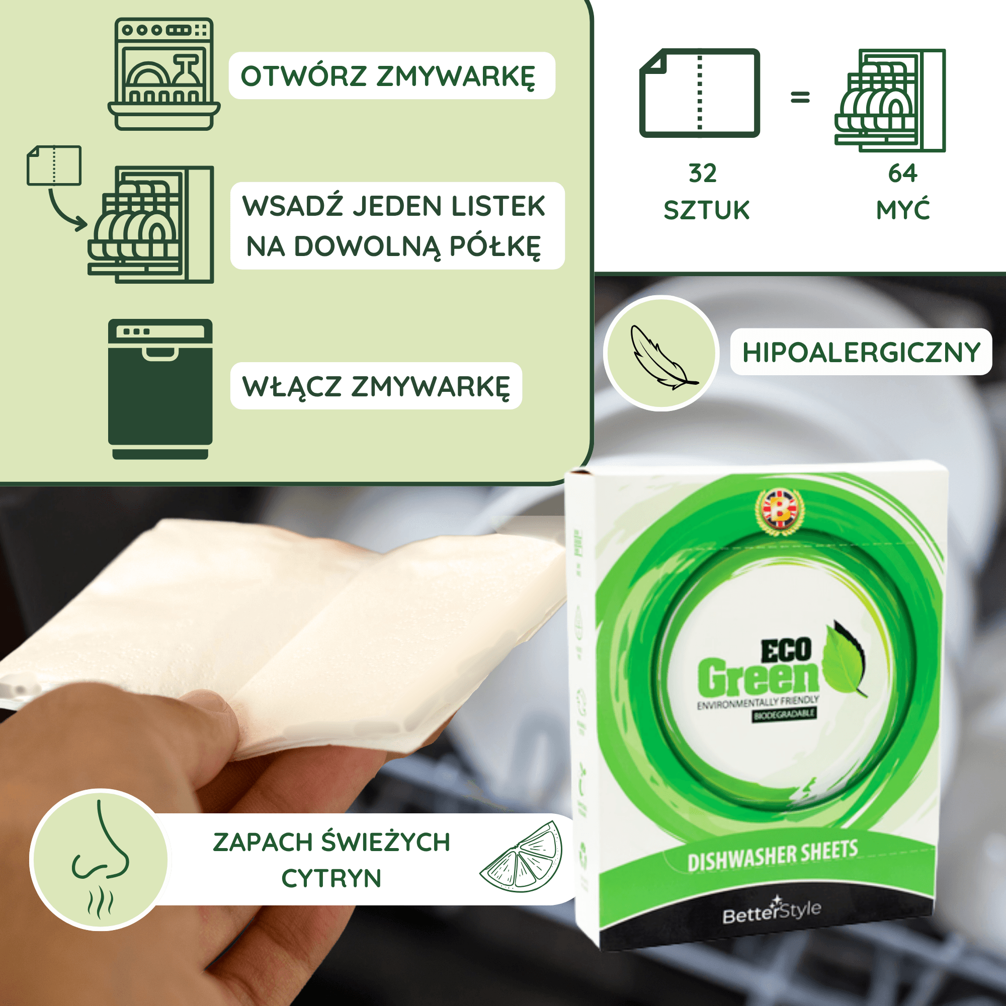 Listki do zmywania ECO Green 32 listki, 64 zmywania