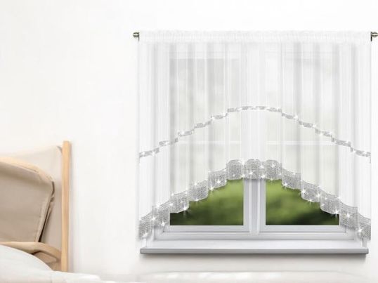 Biała firana woal z cyrkoniami w łuk na taśmie 400x150cm 