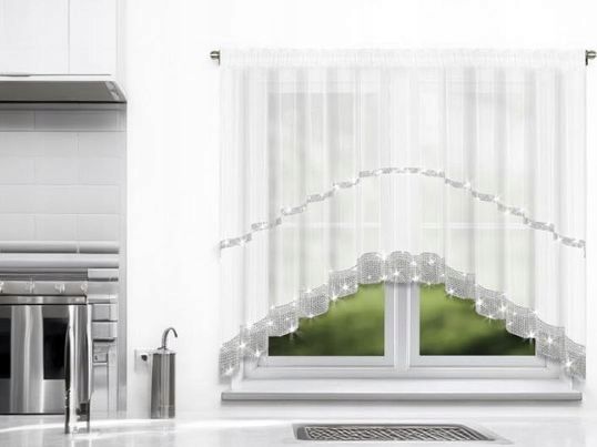 Biała firana woal z cyrkoniami w łuk na taśmie 400x150cm 