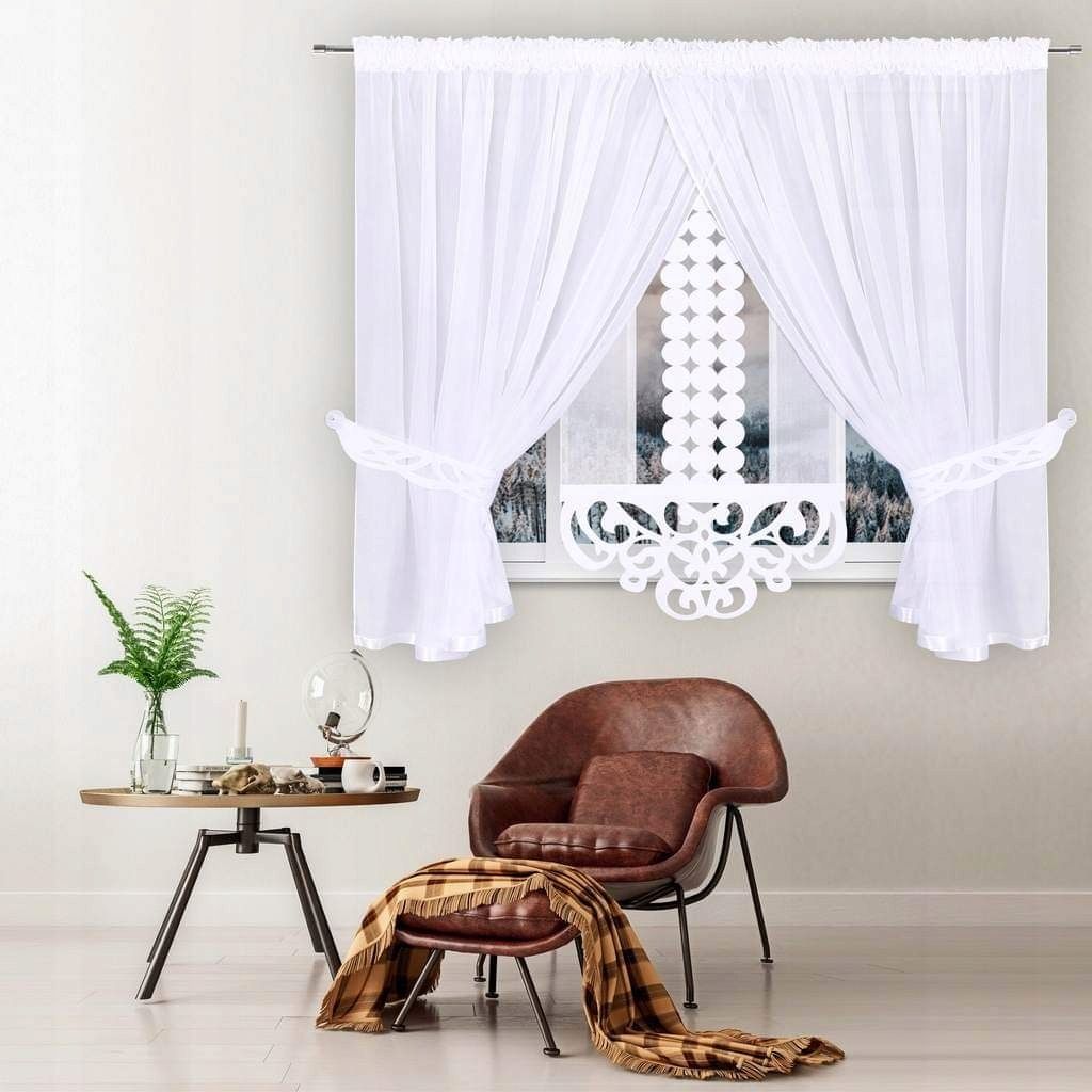 Zestaw: firana biała woal na taśmie 400x150cm i panel dekoracyjny ażur 