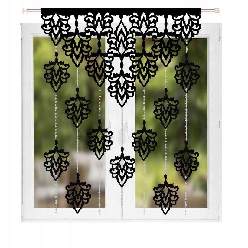 Panel okienny 100x150 czarny z ażurowymi liśćmi i koralikami