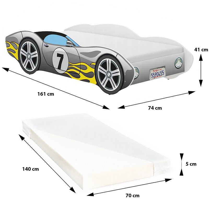 Łóżko dziecięce Wyścigówka szara z płomieniami 140 x 70 cm