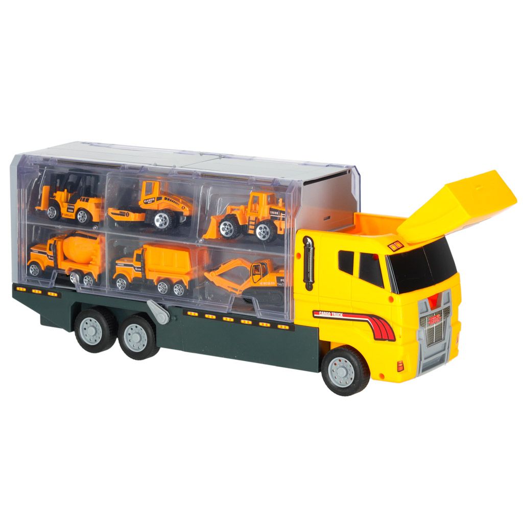 Ciężarówka TIR wyrzutnia + metalowe auta maszyny budowlane