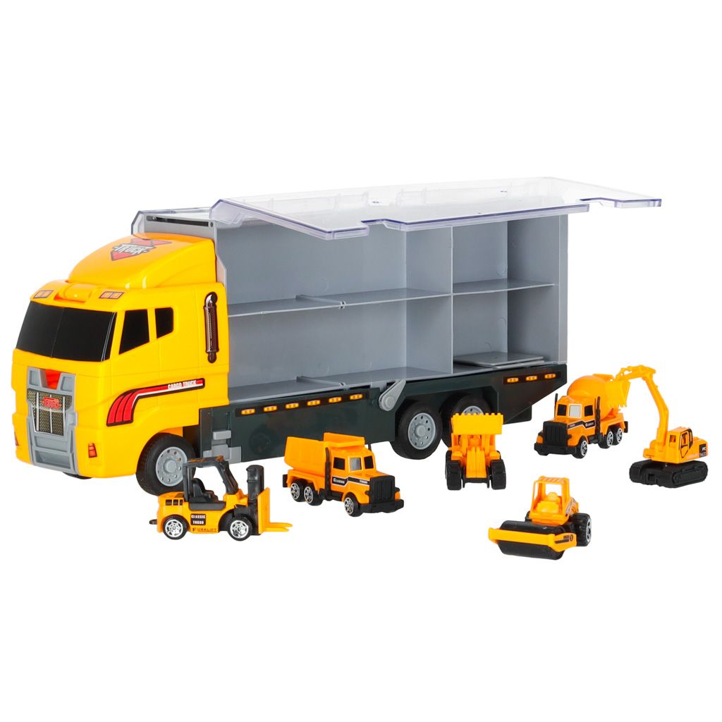 Ciężarówka TIR wyrzutnia + metalowe auta maszyny budowlane