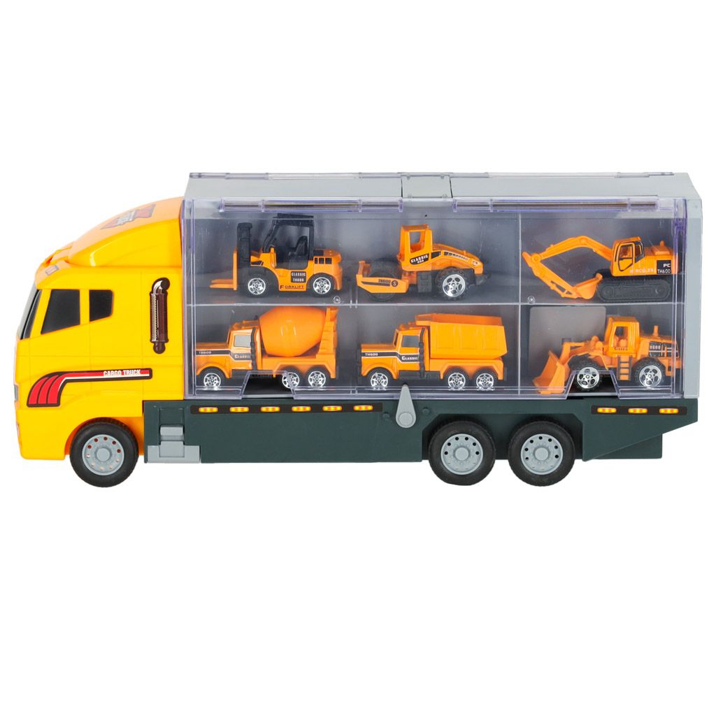 Ciężarówka TIR wyrzutnia + metalowe auta maszyny budowlane