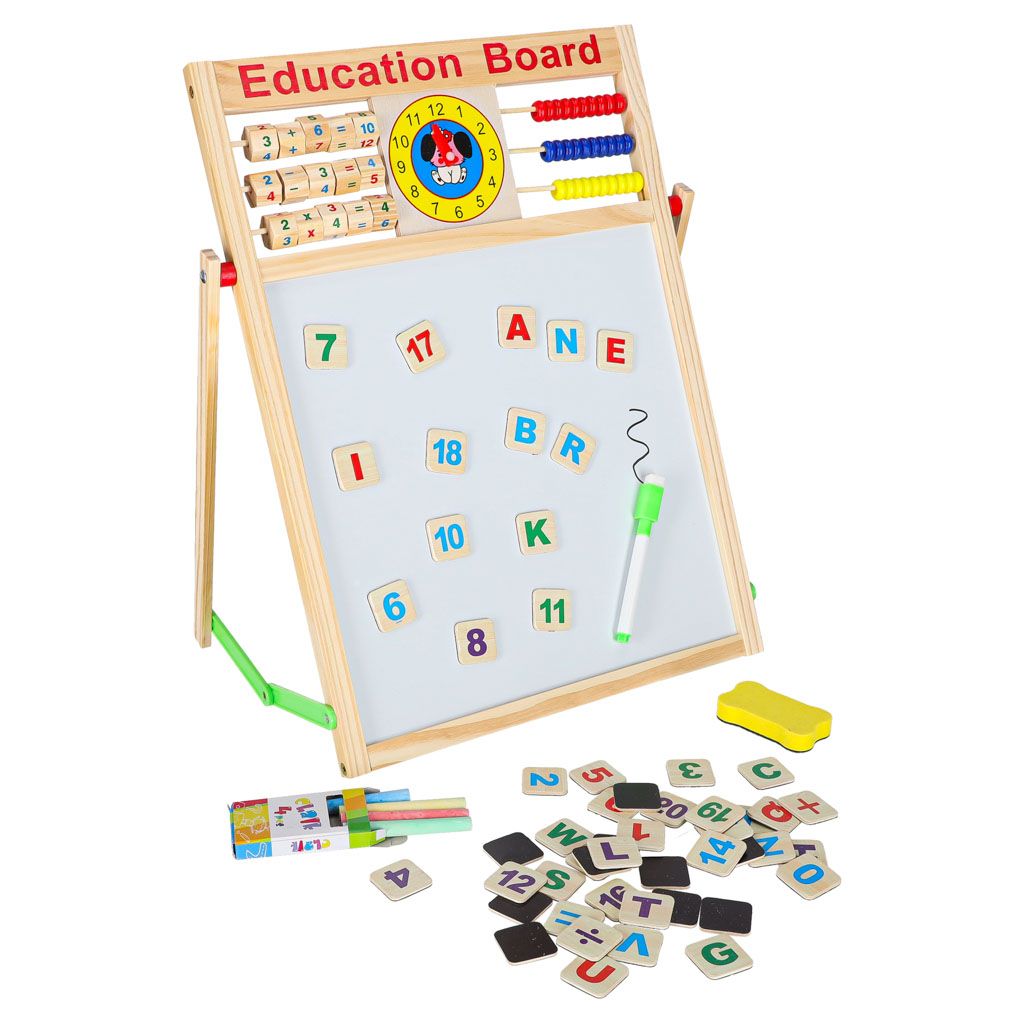 Dwustronna tablica magnetyczna i kredowa z liczydłem i zegarem 42x32,5cm