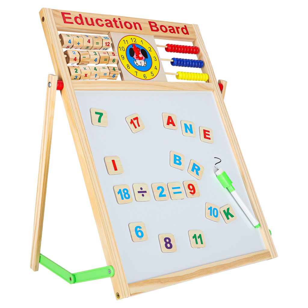 Dwustronna tablica magnetyczna i kredowa z liczydłem i zegarem 42x32,5cm