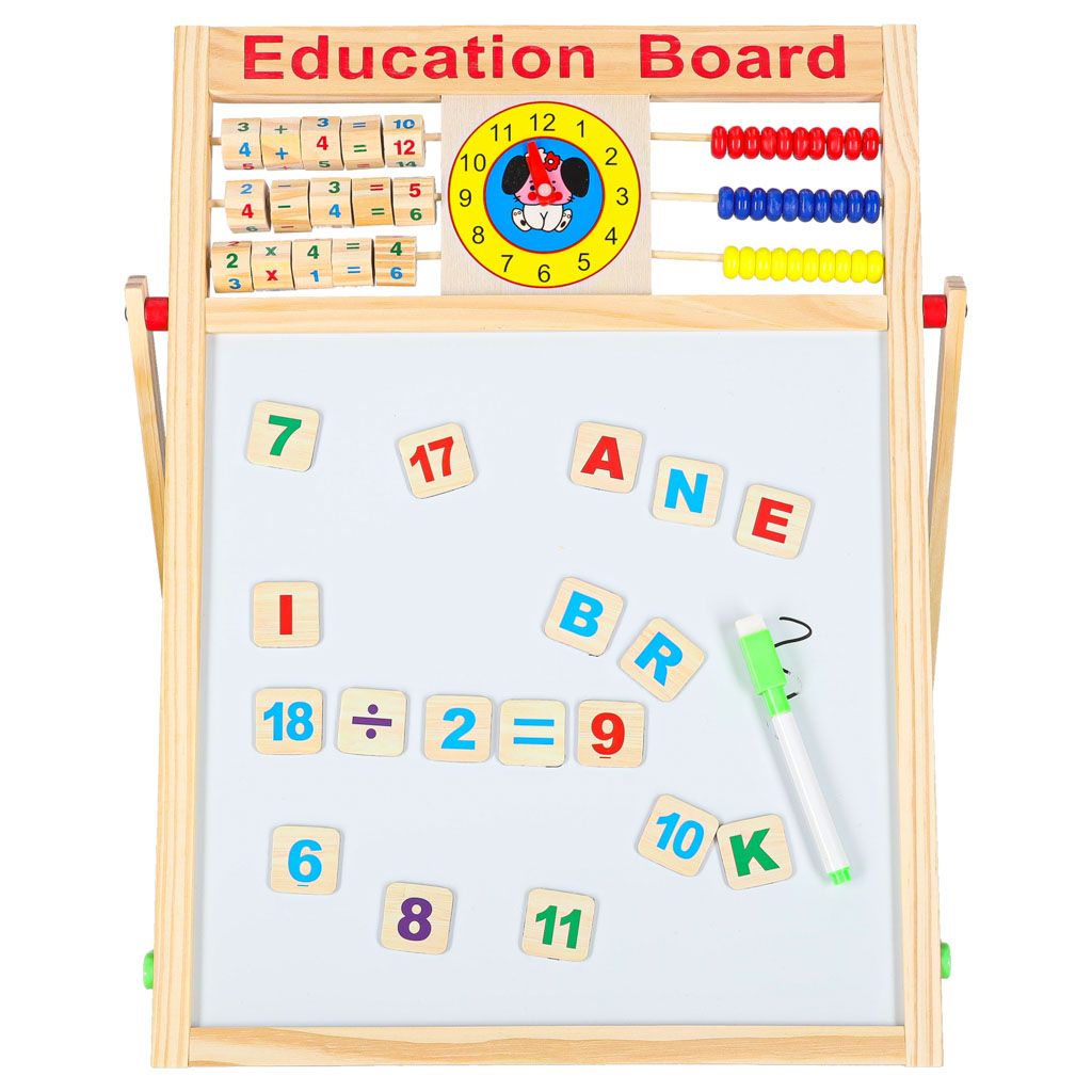 Dwustronna tablica magnetyczna i kredowa z liczydłem i zegarem 42x32,5cm