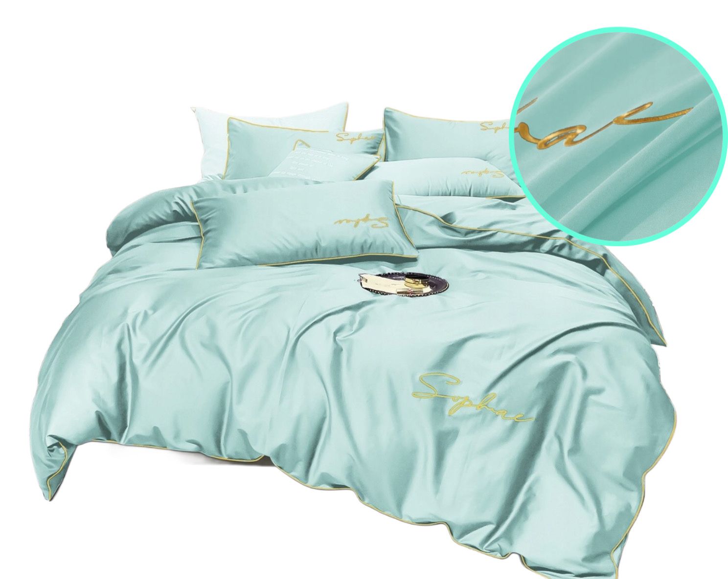 3-częściowy komplet pościeli z haftem, kolor miętowy, 160x200 cm