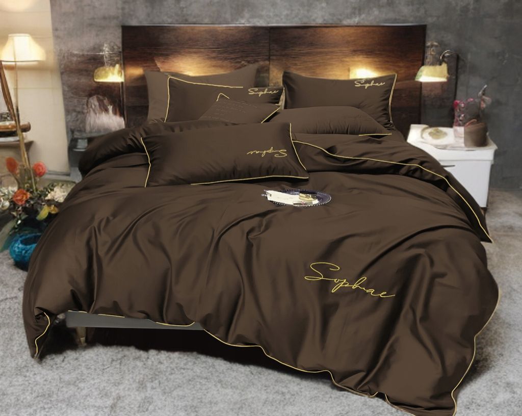 3-częściowy komplet pościeli z haftem, kolor czekoladowy, 200x220 cm