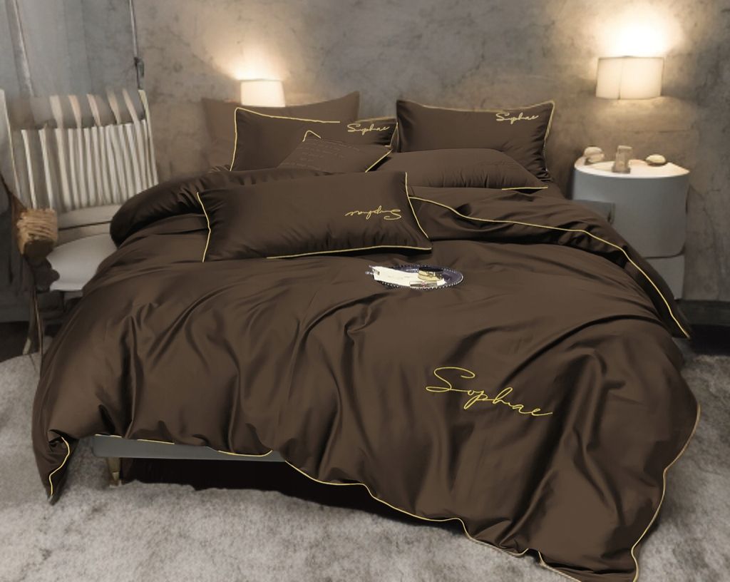 3-częściowy komplet pościeli z haftem, kolor czekoladowy, 200x220 cm