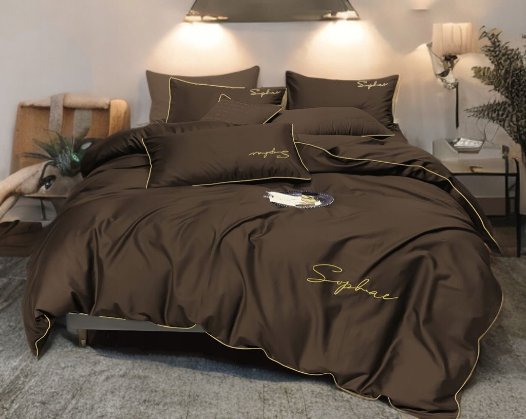 3-częściowy komplet pościeli z haftem, kolor czekoladowy, 200x220 cm