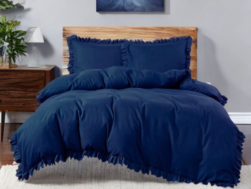3-częściowy komplet pościeli z falbanami, kolor granatowy, 160x200 cm