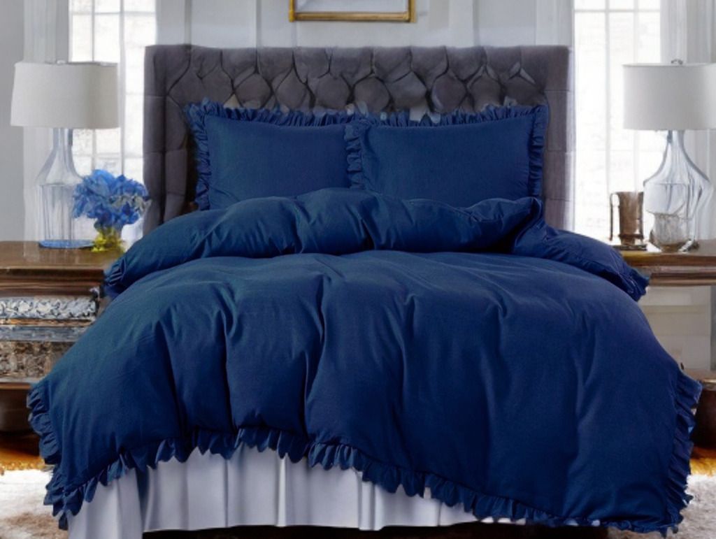 3-częściowy komplet pościeli z falbanami, kolor granatowy, 160x200 cm