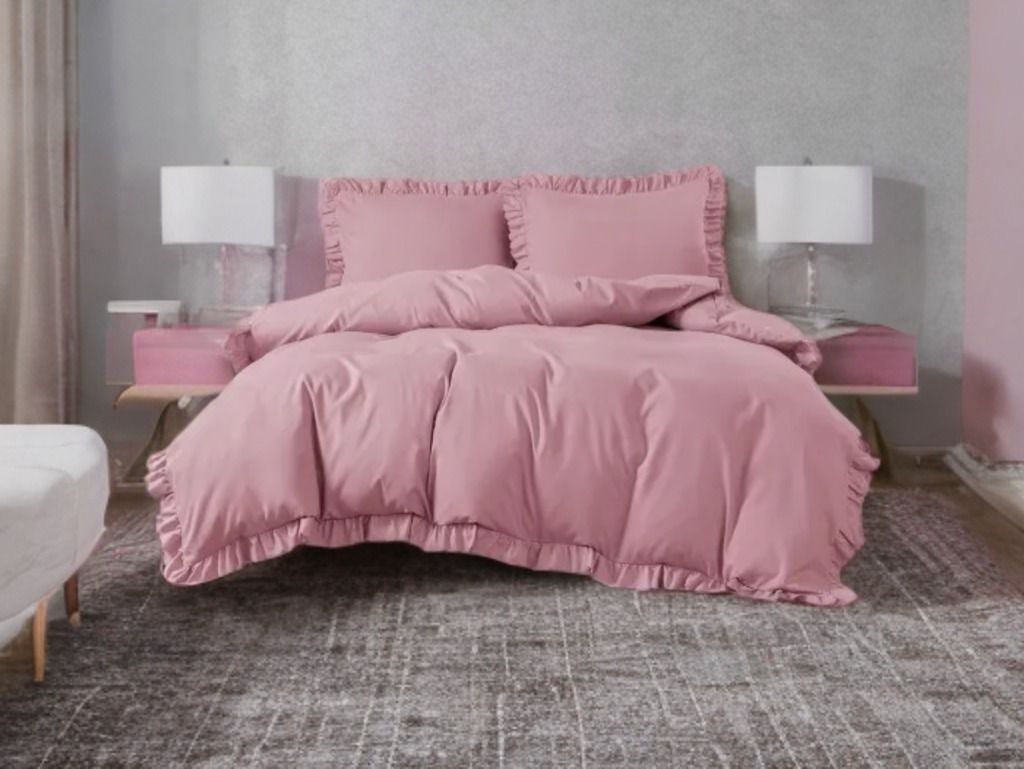 3-częściowy komplet pościeli z falbanami, kolor różowy, 160x200 cm