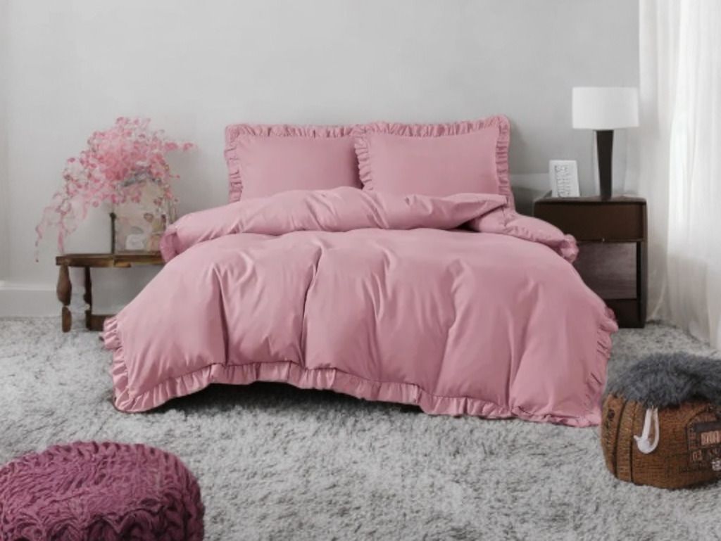 3-częściowy komplet pościeli z falbanami, kolor różowy, 160x200 cm