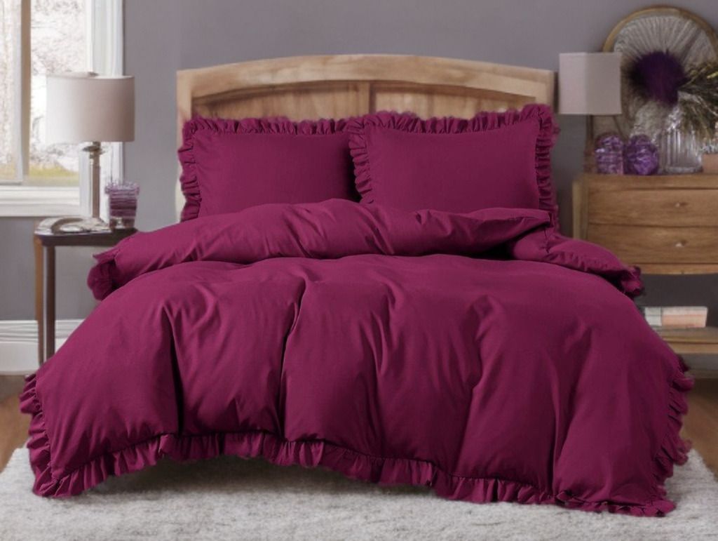 3-częściowy komplet pościeli z falbanami, kolor bordowy, 160x200 cm