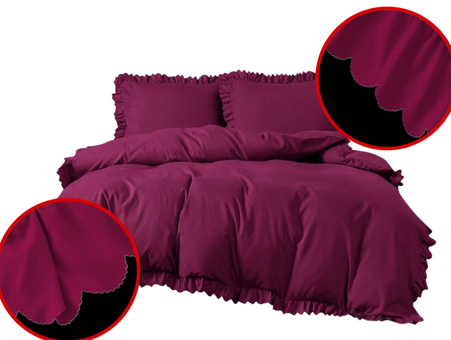 3-częściowy komplet pościeli z falbanami, kolor bordowy, 160x200 cm
