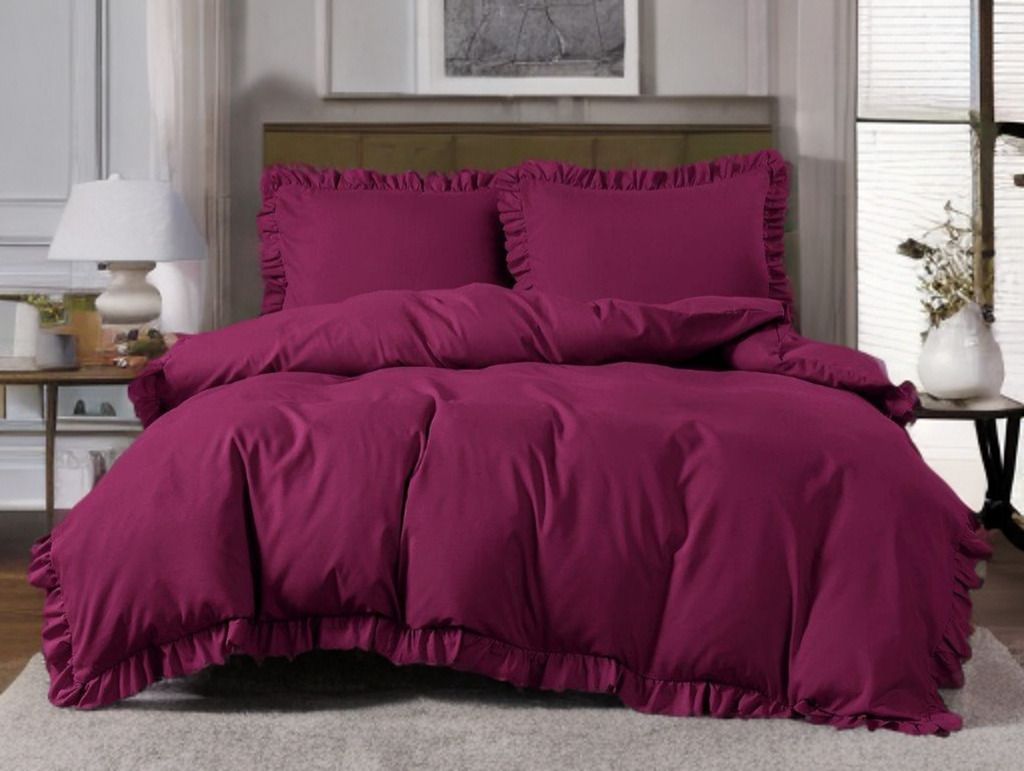 3-częściowy komplet pościeli z falbanami, kolor bordowy, 160x200 cm