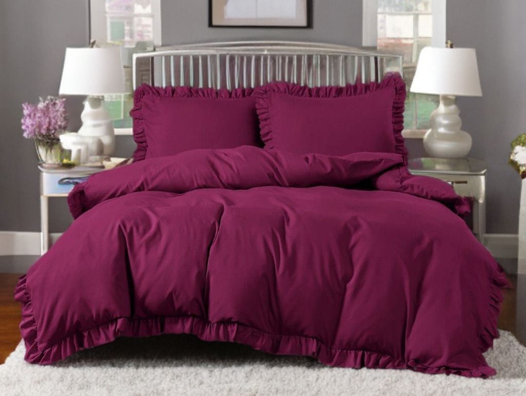 3-częściowy komplet pościeli z falbanami, kolor bordowy, 160x200 cm