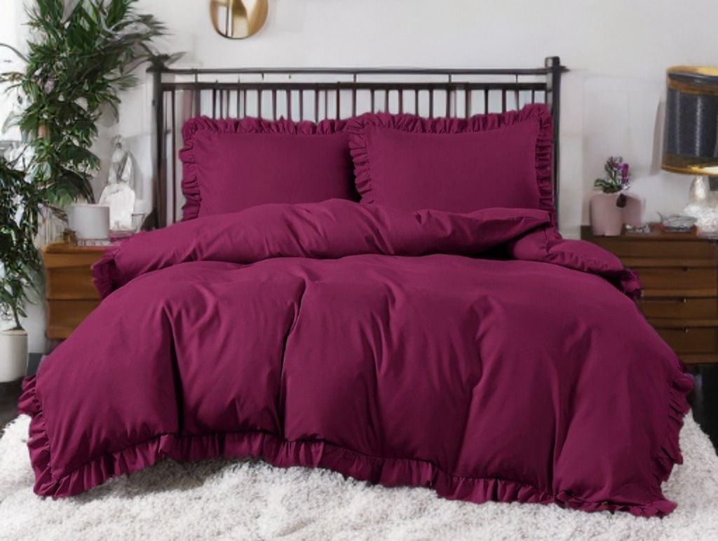 3-częściowy komplet pościeli z falbanami, kolor bordowy, 160x200 cm