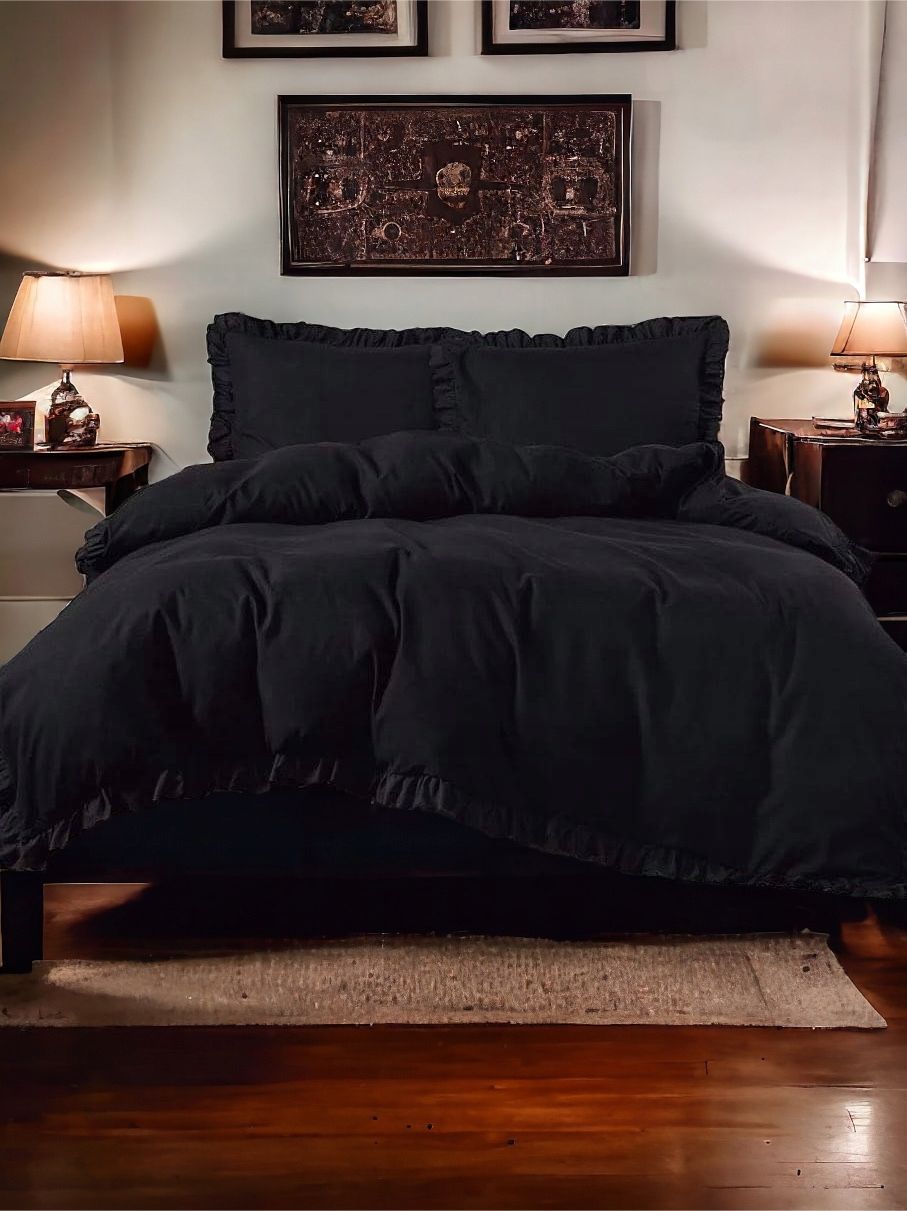 3-częściowy komplet pościeli z falbanami, kolor czarny, 160x200 cm