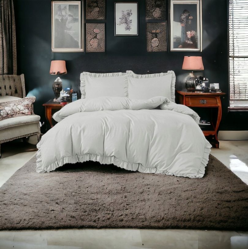 3-częściowy komplet pościeli z falbanami, kolor jasnoszary, 160x200 cm