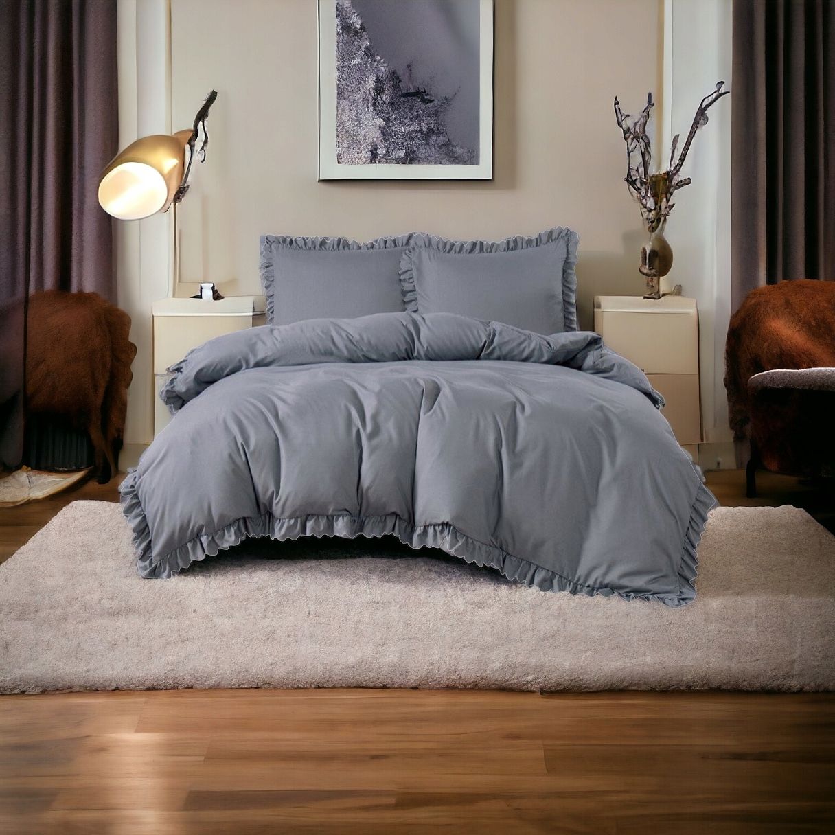 3-częściowy komplet pościeli z falbanami, kolor ciemnoszary, 160x200 cm