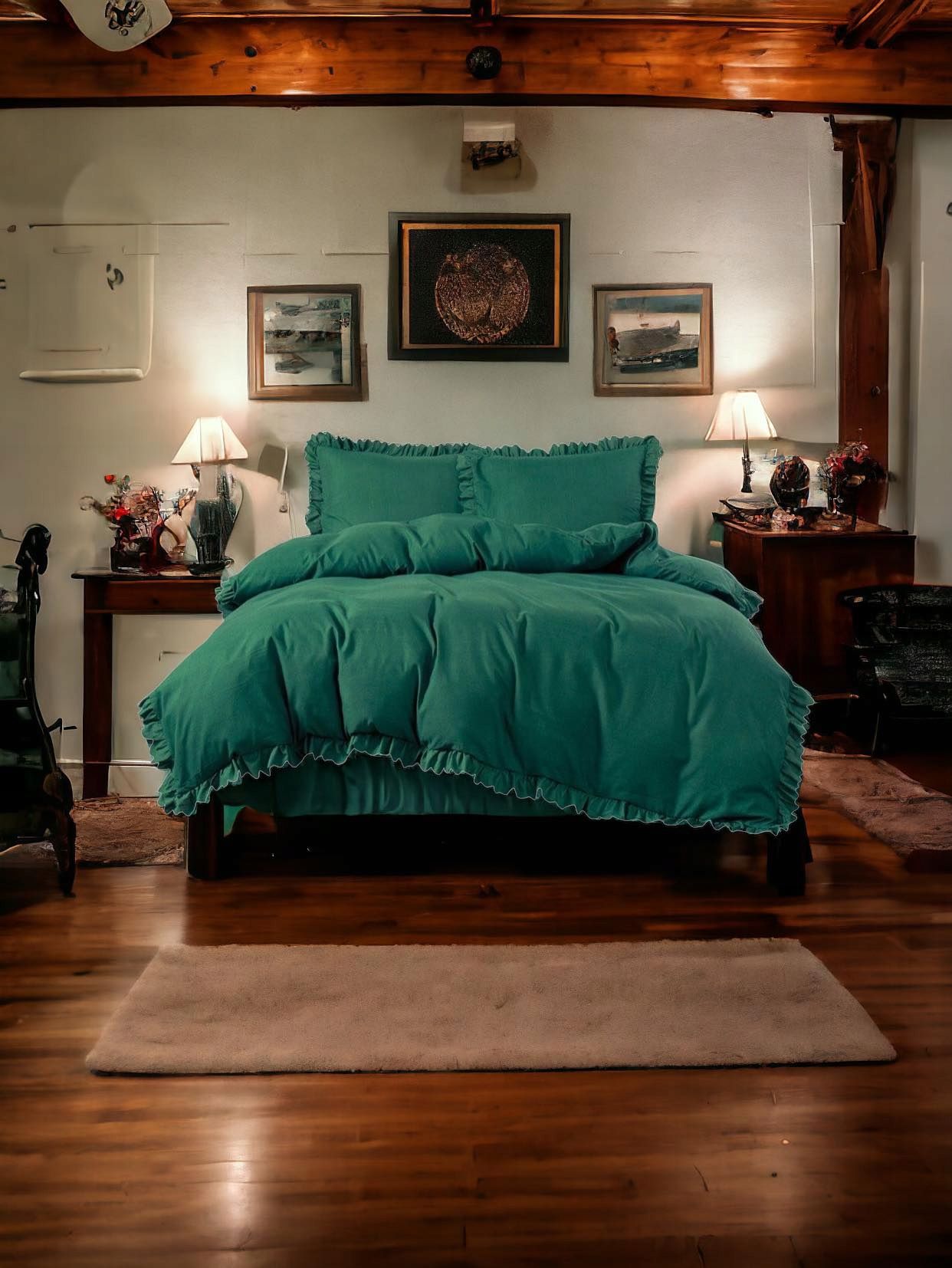 3-częściowy komplet pościeli z falbanami, kolor zielony, 160x200 cm