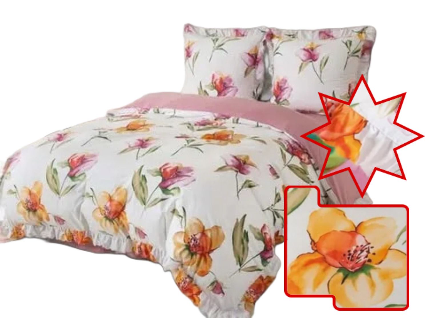 3-częściowy komplet pościeli z falbanami, wzór kwiatów, 160x200 cm