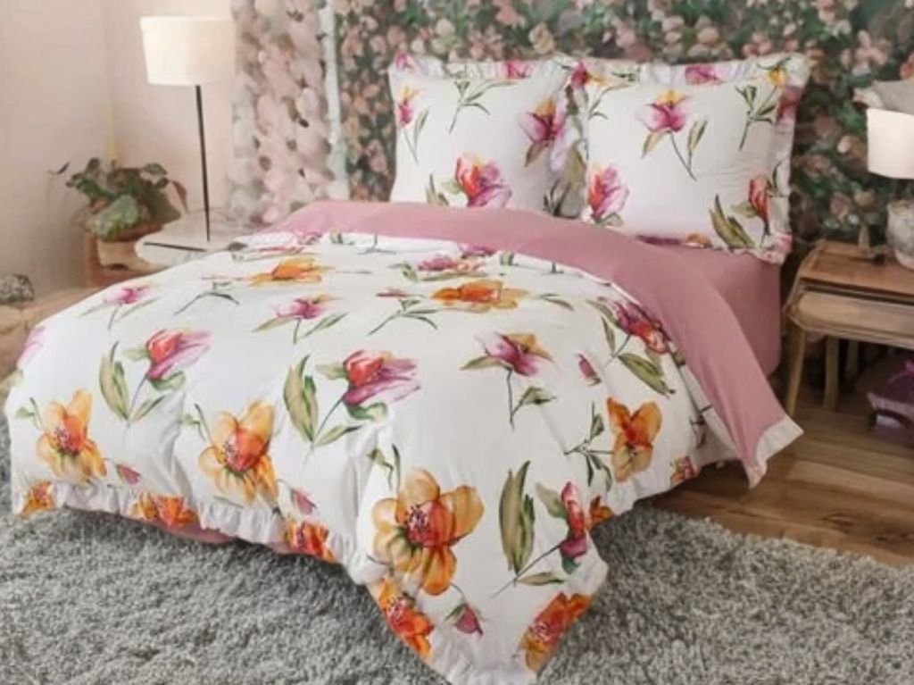 3-częściowy komplet pościeli z falbanami, wzór kwiatów, 160x200 cm