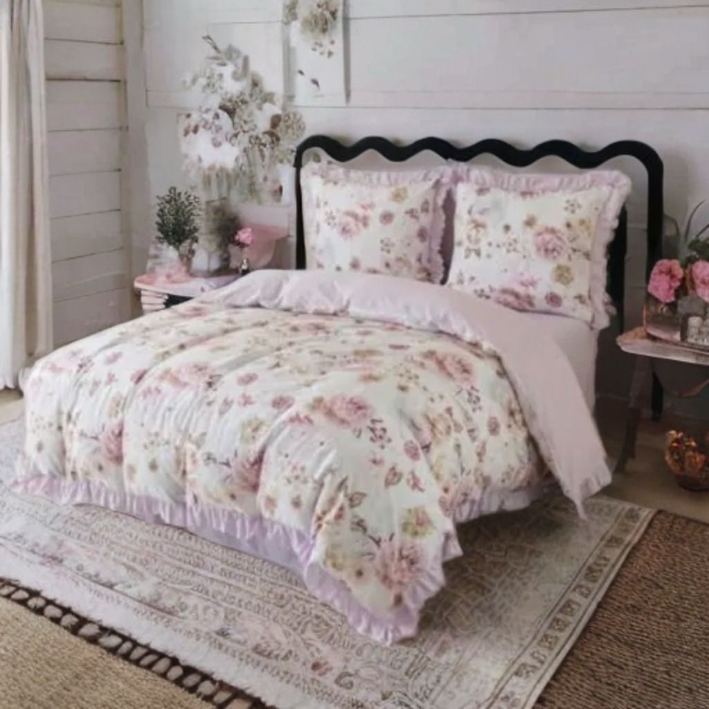 3-częściowy komplet pościeli z falbanami, różowy w kwiaty, 160x200 cm