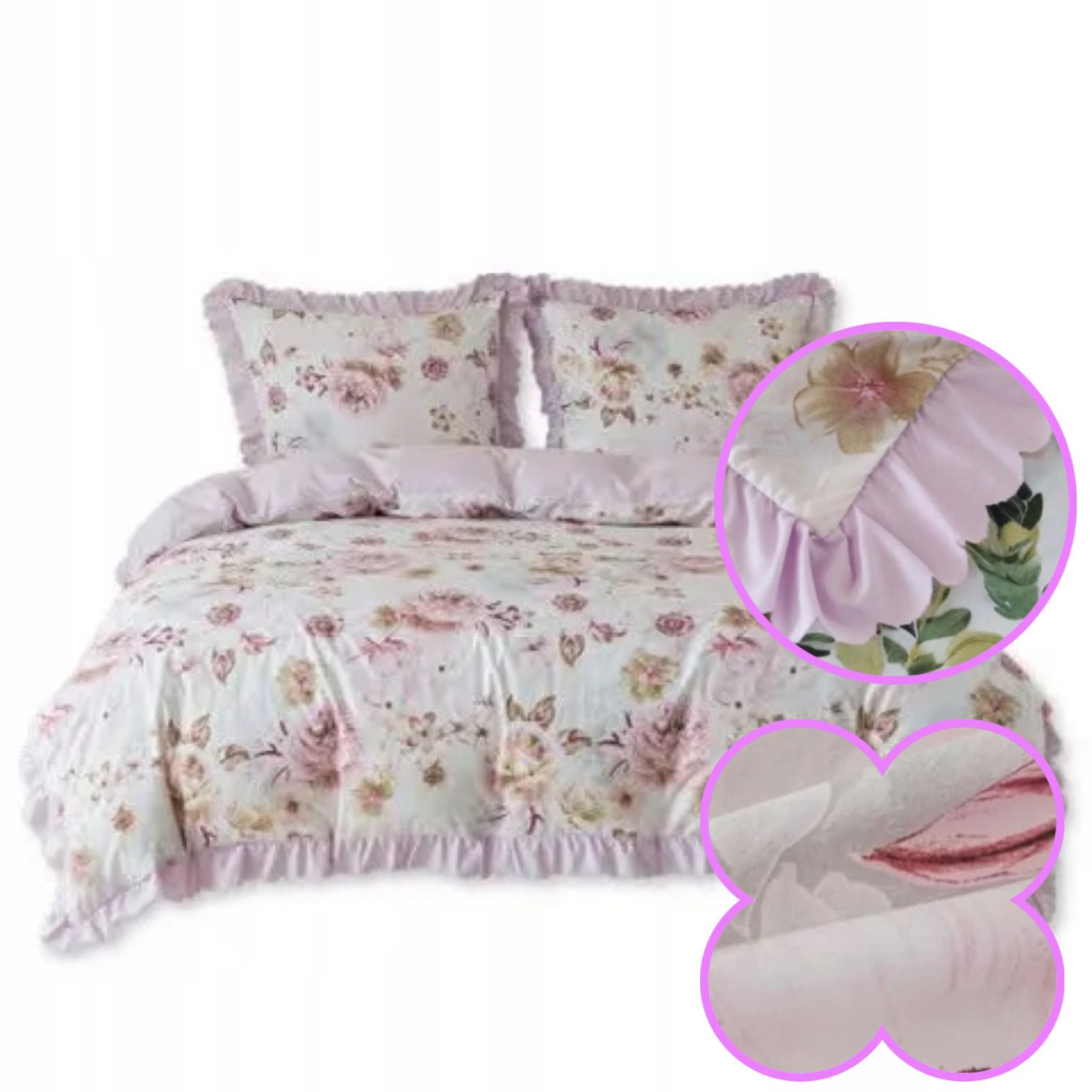3-częściowy komplet pościeli z falbanami, różowy w kwiaty, 160x200 cm