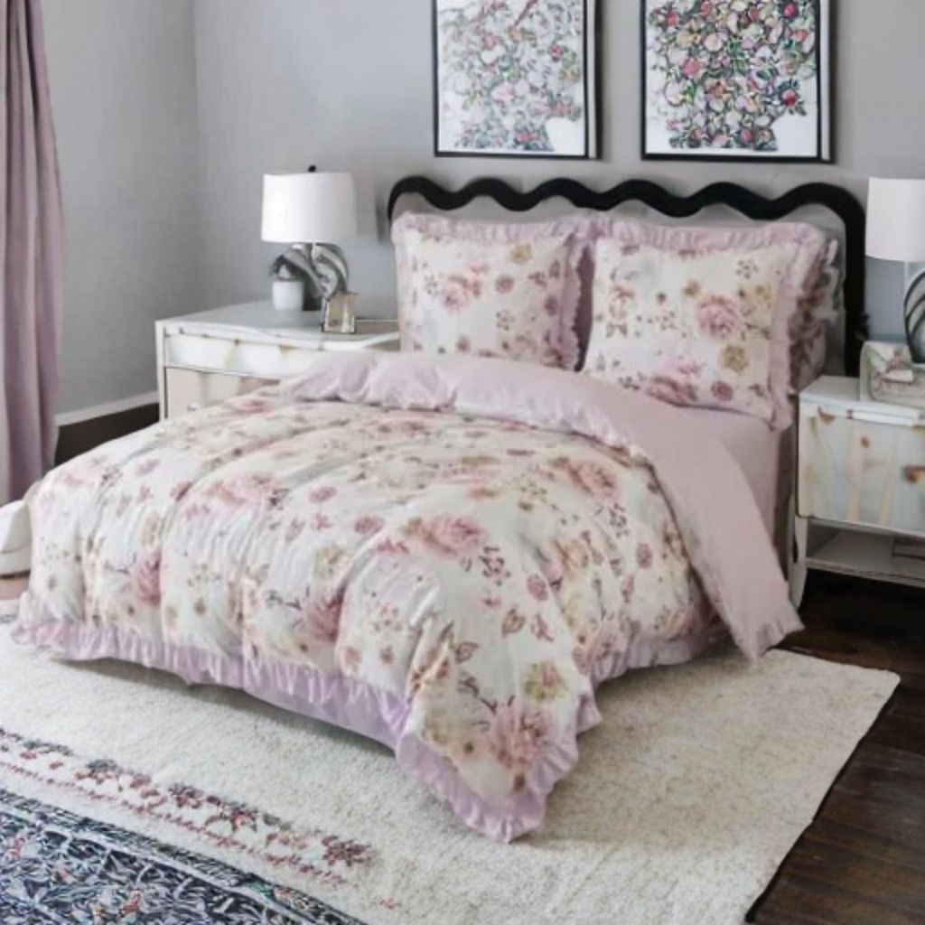 3-częściowy komplet pościeli z falbanami, różowy w kwiaty, 160x200 cm