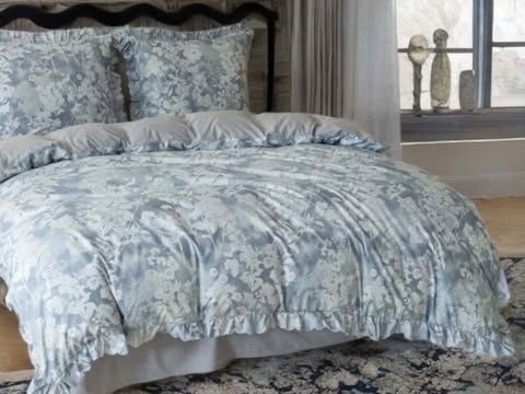 3-częściowy komplet pościeli z falbanami, szaro-niebieski w kwiaty, 160x200 cm