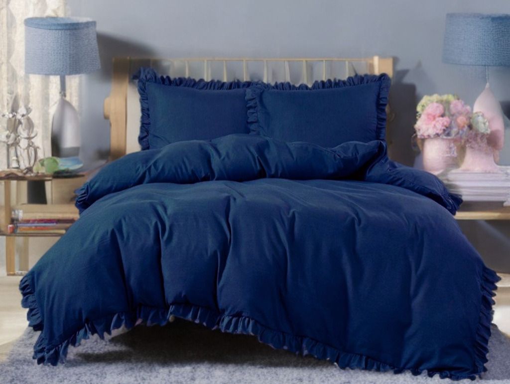 3-częściowy komplet pościeli z falbanami, kolor granatowy, 200x220 cm