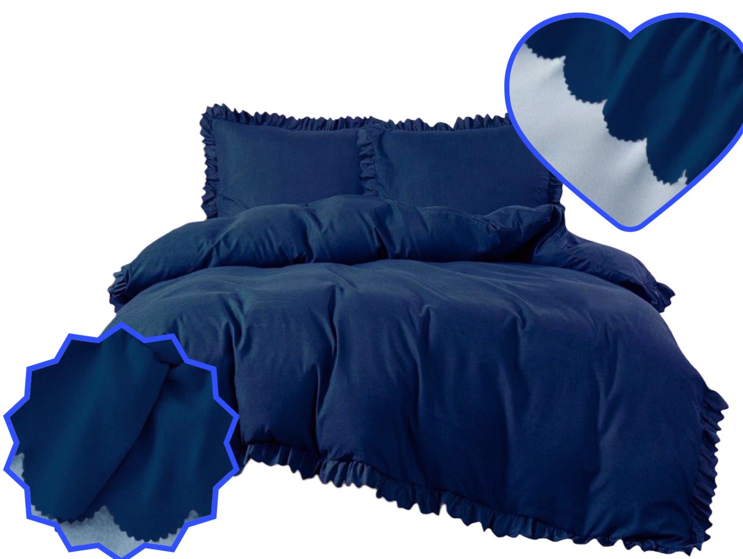 3-częściowy komplet pościeli z falbanami, kolor granatowy, 200x220 cm