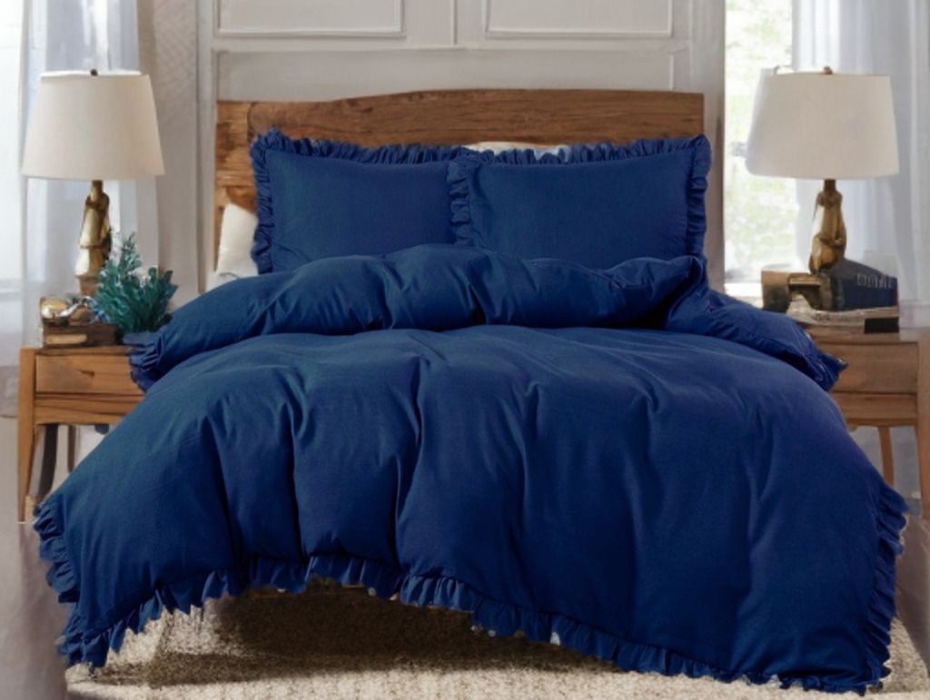 3-częściowy komplet pościeli z falbanami, kolor granatowy, 200x220 cm