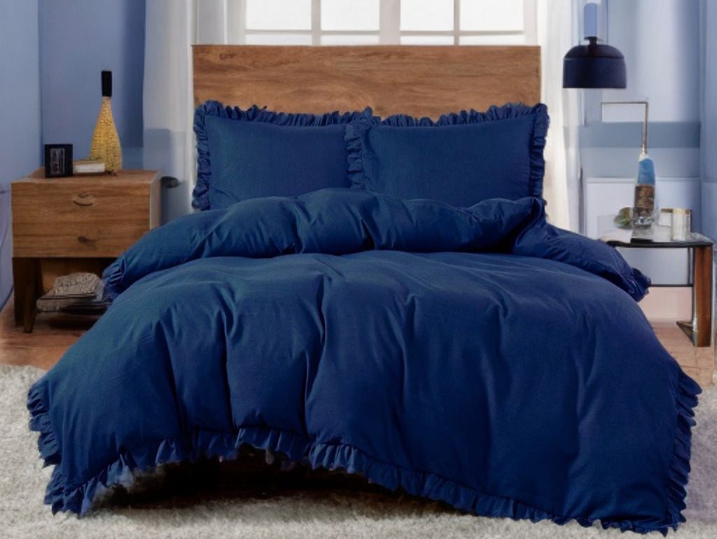 3-częściowy komplet pościeli z falbanami, kolor granatowy, 200x220 cm