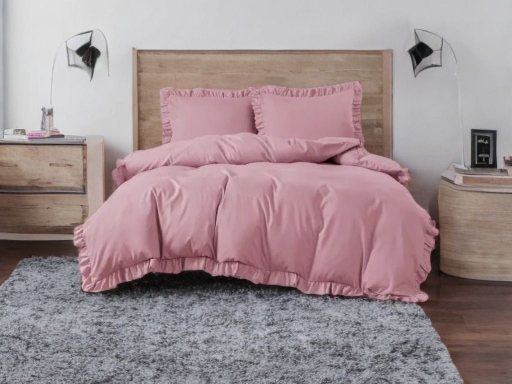 3-częściowy komplet pościeli z falbanami, kolor różowy, 200x220 cm