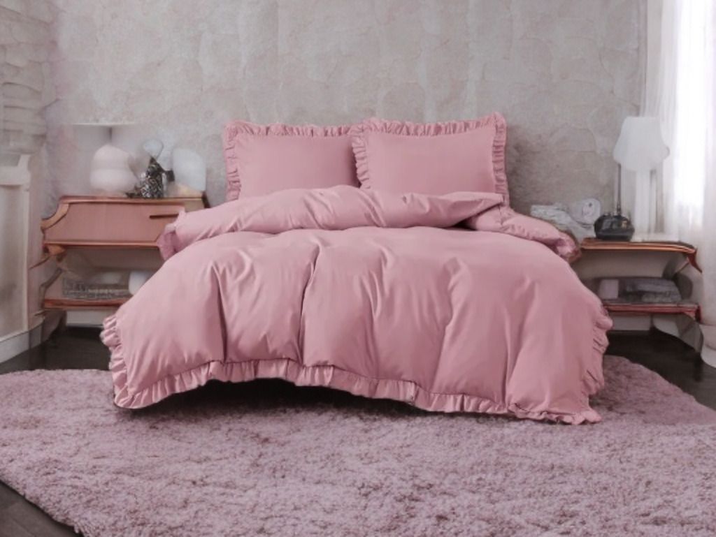 3-częściowy komplet pościeli z falbanami, kolor różowy, 200x220 cm