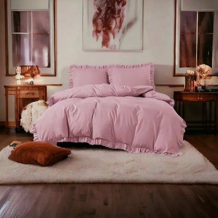 3-częściowy komplet pościeli z falbanami, kolor różowy, 200x220 cm