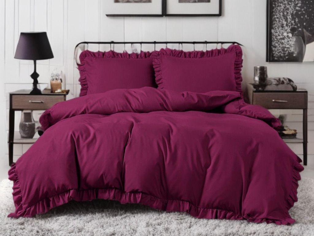 3-częściowy komplet pościeli z falbanami, kolor bordowy, 200x220 cm
