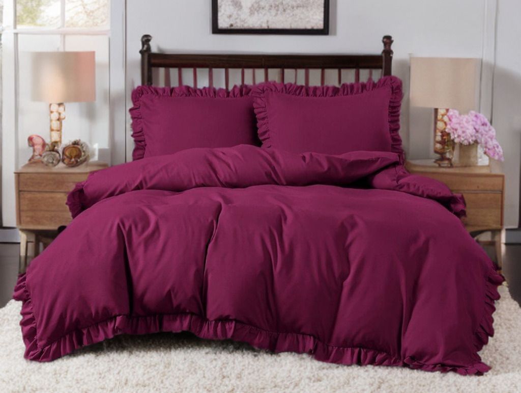 3-częściowy komplet pościeli z falbanami, kolor bordowy, 200x220 cm