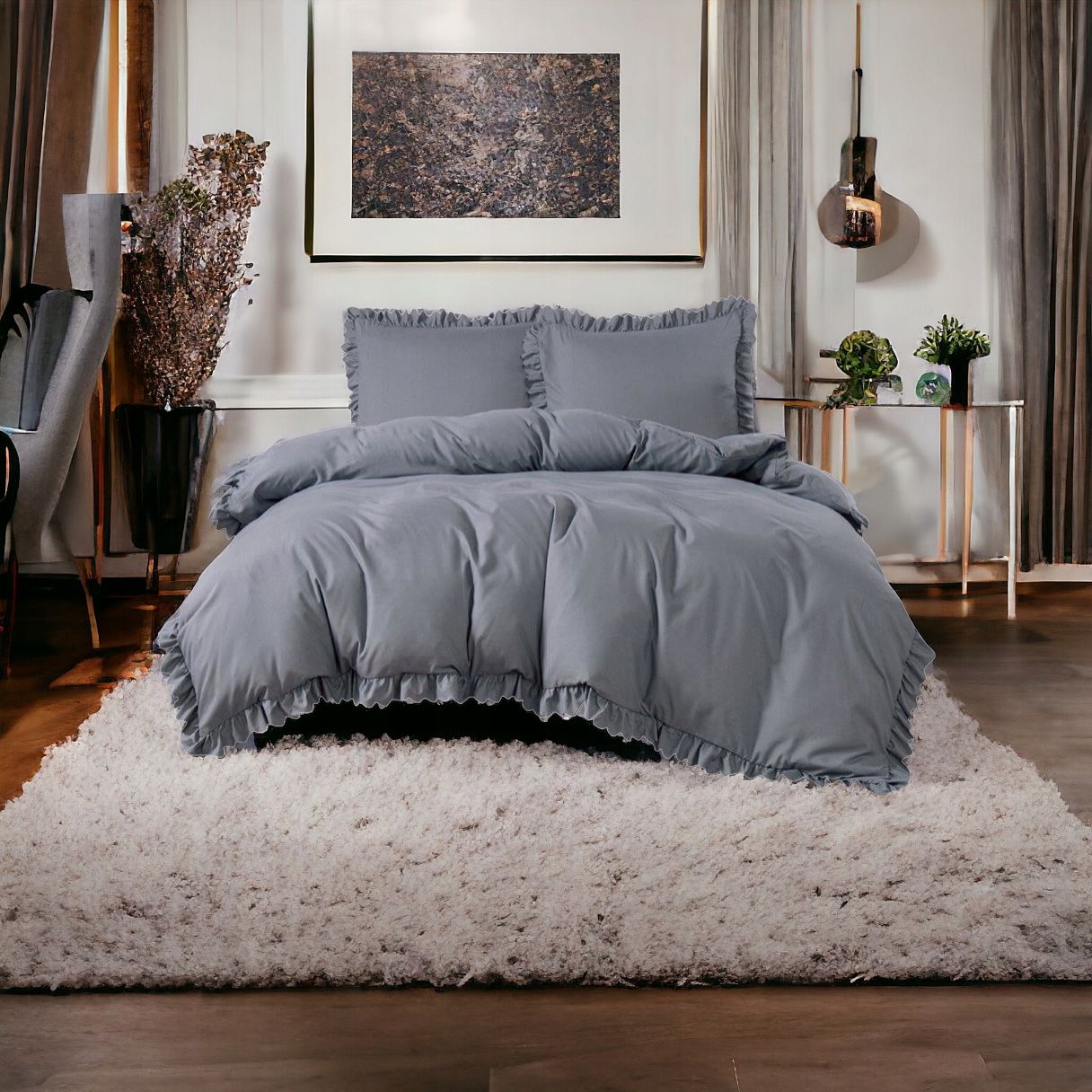 3-częściowy komplet pościeli z falbanami, kolor ciemnoszary, 200x220 cm