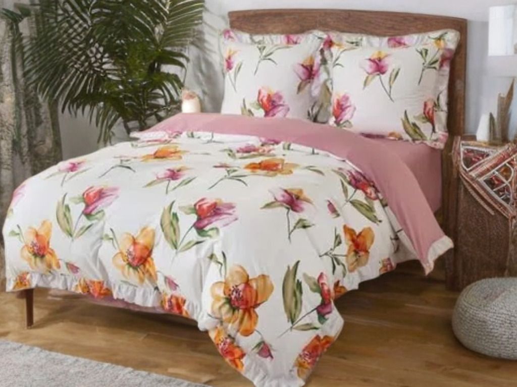 3-częściowy komplet pościeli z falbanami, wzór kwiatów, 200x220 cm