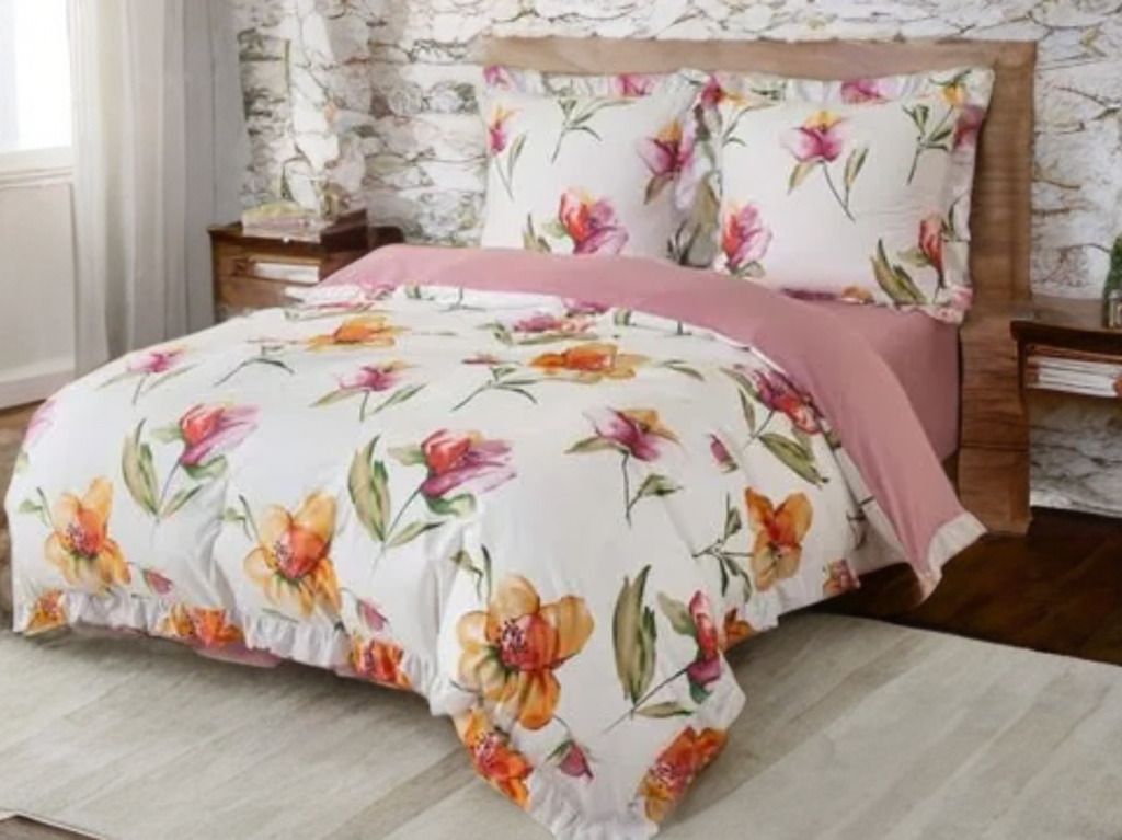 3-częściowy komplet pościeli z falbanami, wzór kwiatów, 200x220 cm