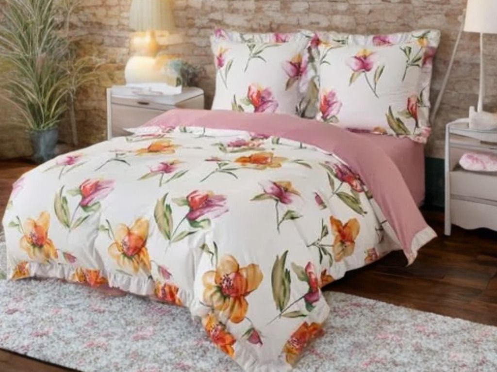 3-częściowy komplet pościeli z falbanami, wzór kwiatów, 200x220 cm