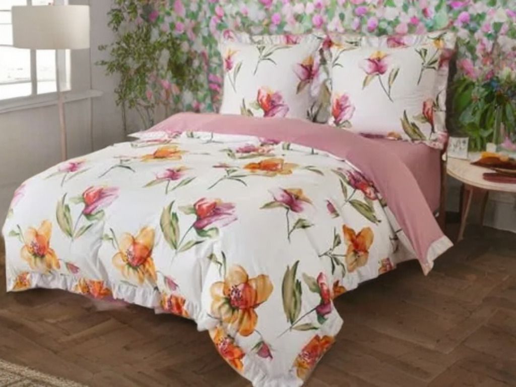 3-częściowy komplet pościeli z falbanami, wzór kwiatów, 200x220 cm