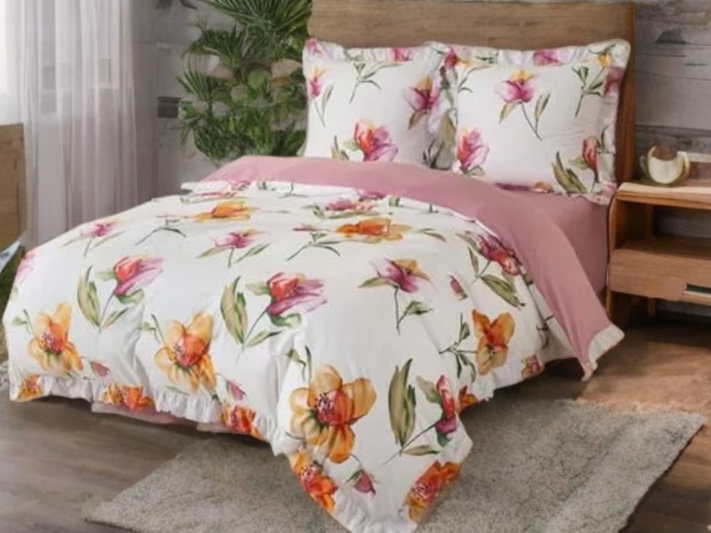 3-częściowy komplet pościeli z falbanami, wzór kwiatów, 200x220 cm